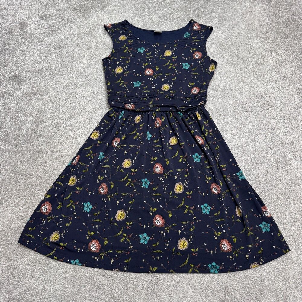 Kaileigh Floral A-Line Mini Dress Womens Medium Navy Blue Stretch Ruched Waist